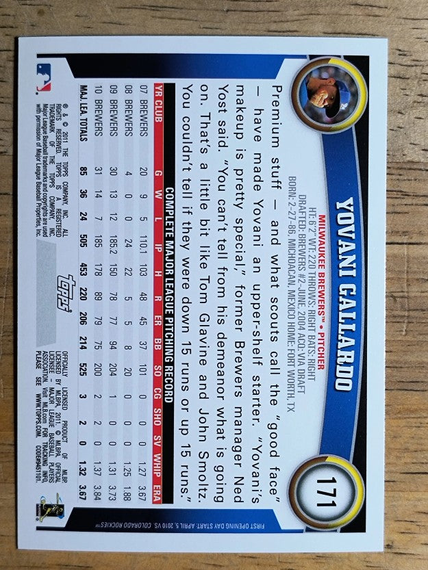 2011 Topps Opening Day #171 Yovani Gallardo