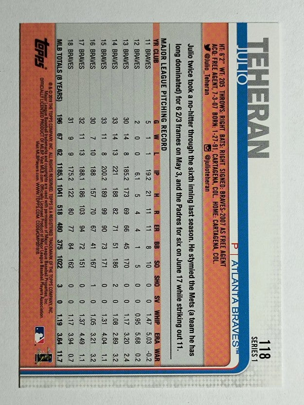 2019 Topps #118 Julio Teheran