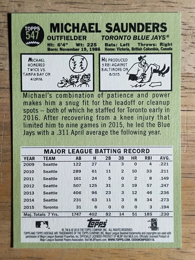 2016 Topps Heritage #547 Michael Saunders