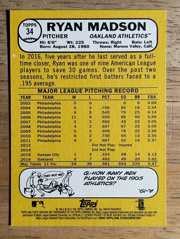 2017 Topps Heritage #34 Ryan Madson