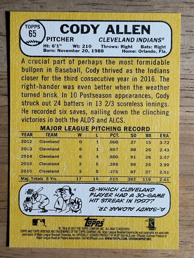 2017 Topps Heritage #65 Cody Allen
