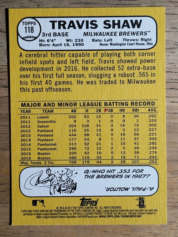2017 Topps Heritage #118 Travis Shaw