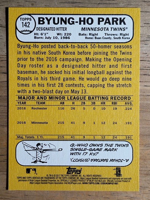 2017 Topps Heritage #142 Byung-Ho Park