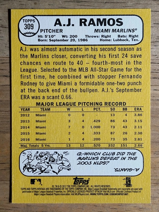 2017 Topps Heritage #309 A.J. Ramos