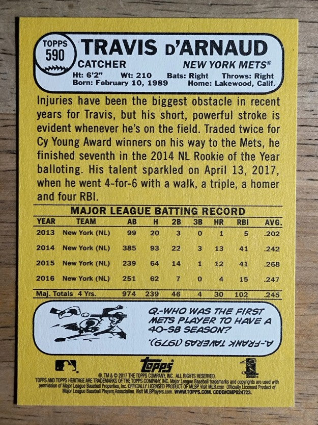 2017 Topps Heritage #590 Travis d'Arnaud