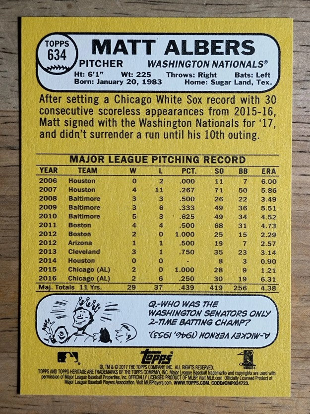 2017 Topps Heritage #634 Matt Albers