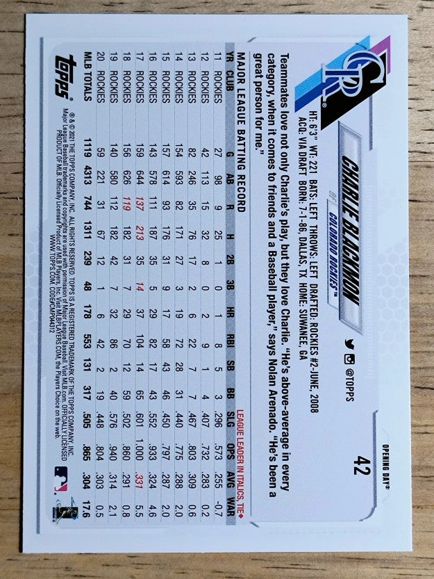 2021 Topps Opening Day #42 Charlie Blackmon