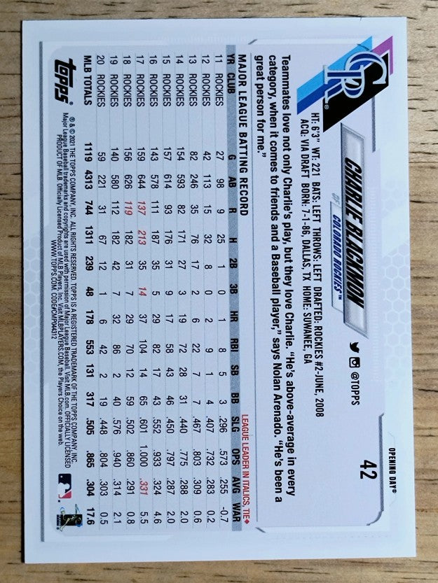 2021 Topps Opening Day #42 Charlie Blackmon