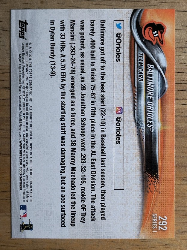2018 Topps #292 Baltimore Orioles