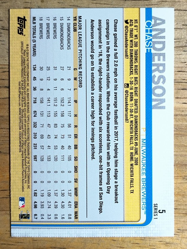 2019 Topps #5 Chase Anderson