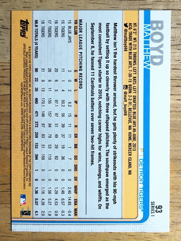 2019 Topps #93 Matthew Boyd