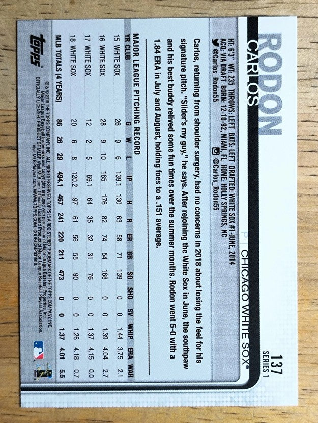 2019 Topps #137 Carlos Rodon