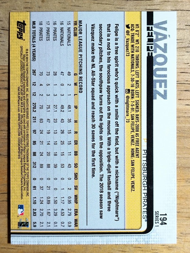 2019 Topps #194 Felipe Vazquez