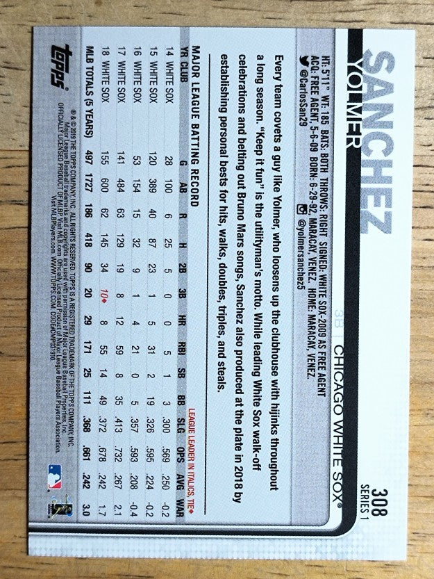 2019 Topps #308 Yolmer Sanchez