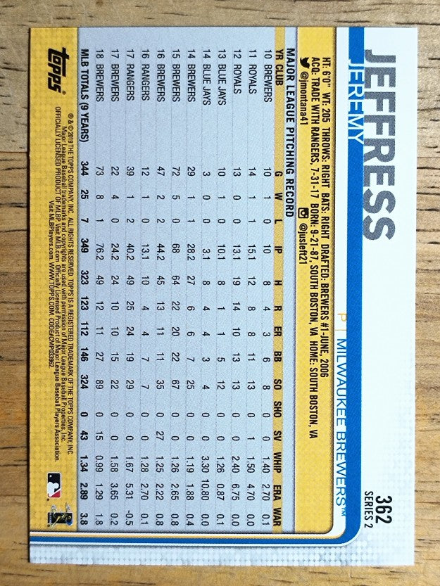 2019 Topps #362 Jeremy Jeffress