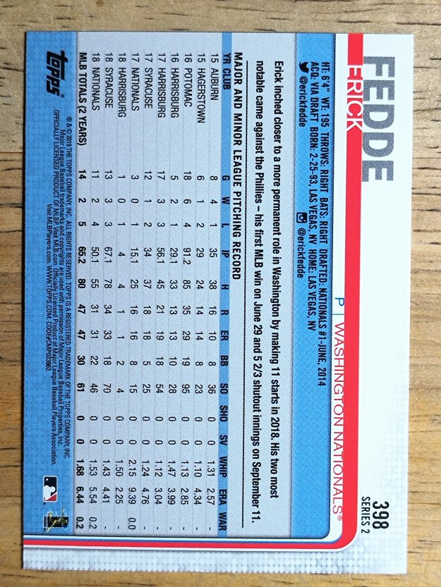 2019 Topps #398 Erick Fedde