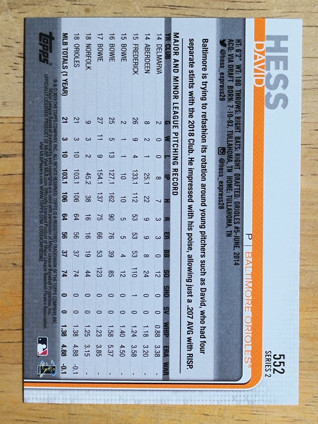 2019 Topps #552 David Hess