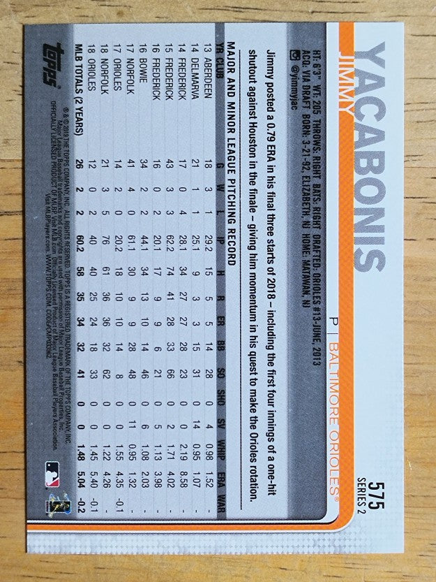 2019 Topps #575 Jimmy Yacabonis RC