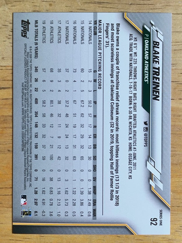 2020 Topps #92 Blake Treinen