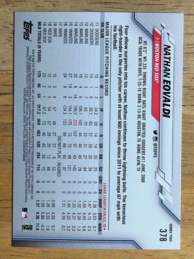2020 Topps #378 Nathan Eovaldi