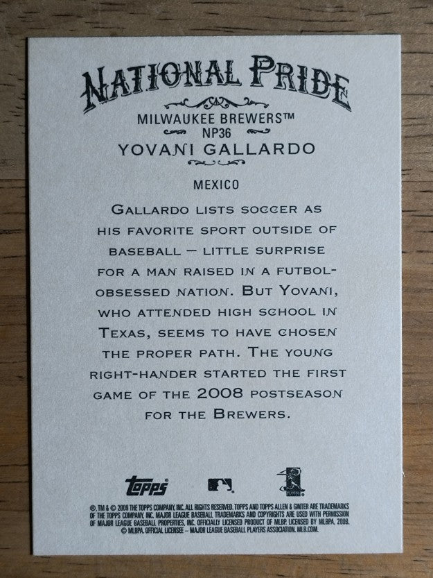 2009 Topps Allen and Ginter National Pride #NP36 Yovani Gallardo