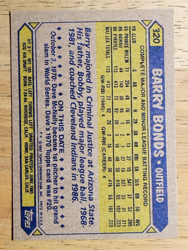 1987 Topps #320 Barry Bonds RC (NM)