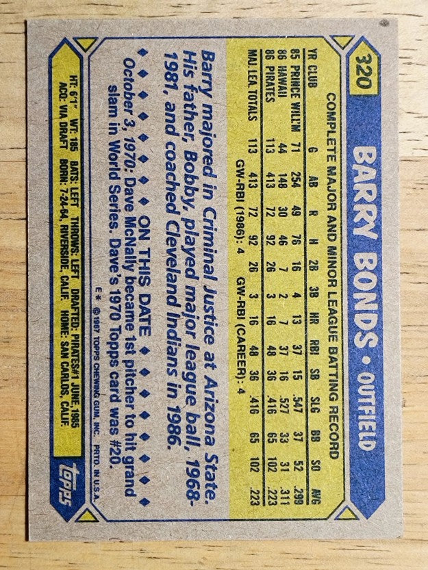 1987 Topps #320 Barry Bonds RC (NM)