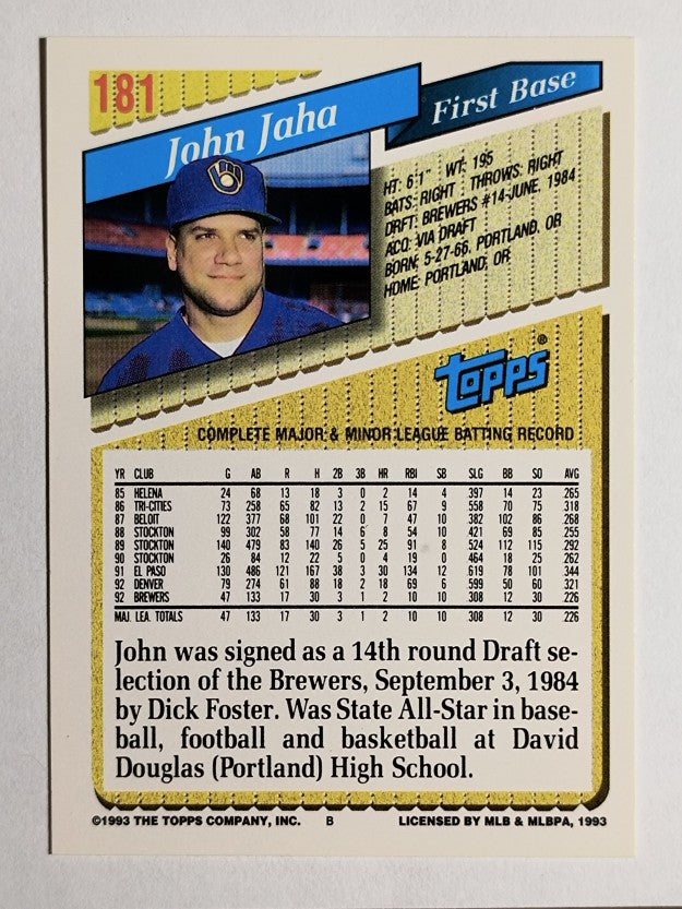 1993 Topps Gold #181 John Jaha