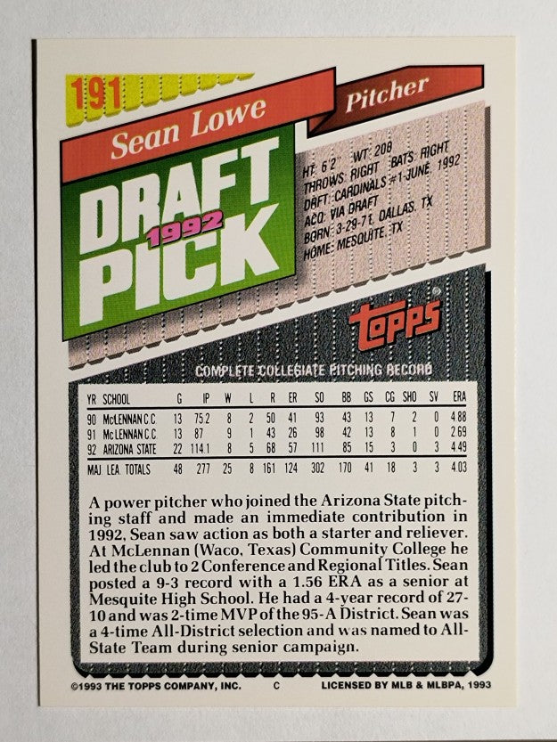 1993 Topps Gold #191 Sean Lowe