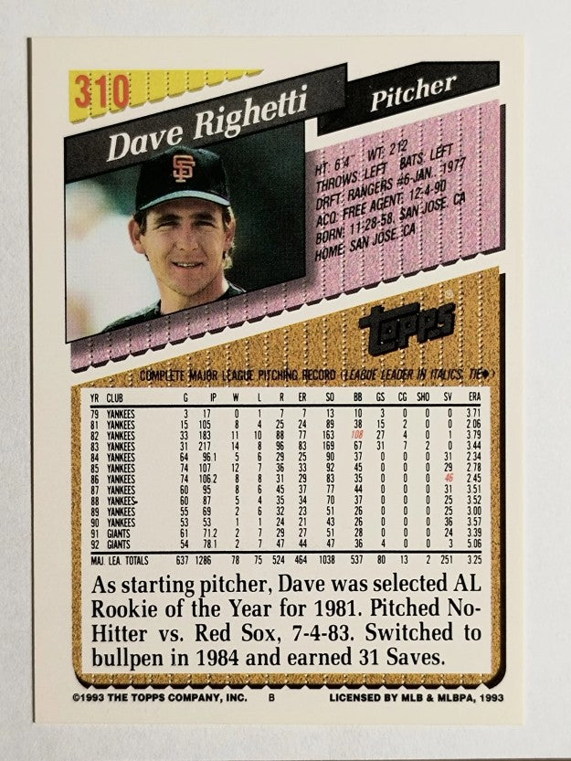 1993 Topps Gold #310 Dave Righetti