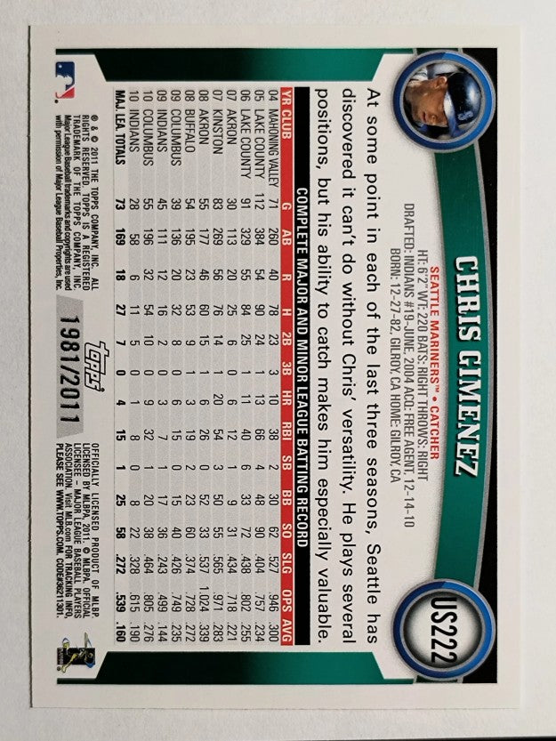 2011 Topps Update Gold #US222 Chris Gimenez