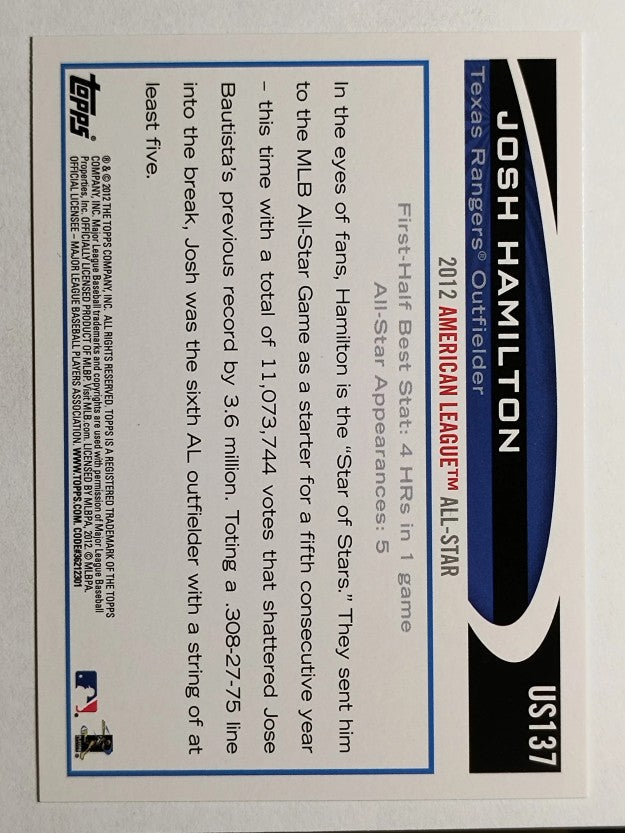 2012 Topps Update Wal-Mart Blue Border #US137 Josh Hamilton
