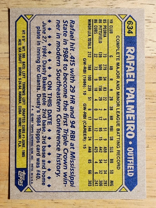 1987 Topps #634 Rafael Palmeiro RC