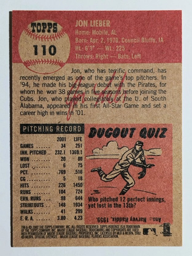 2002 Topps Heritage #110 Jon Lieber