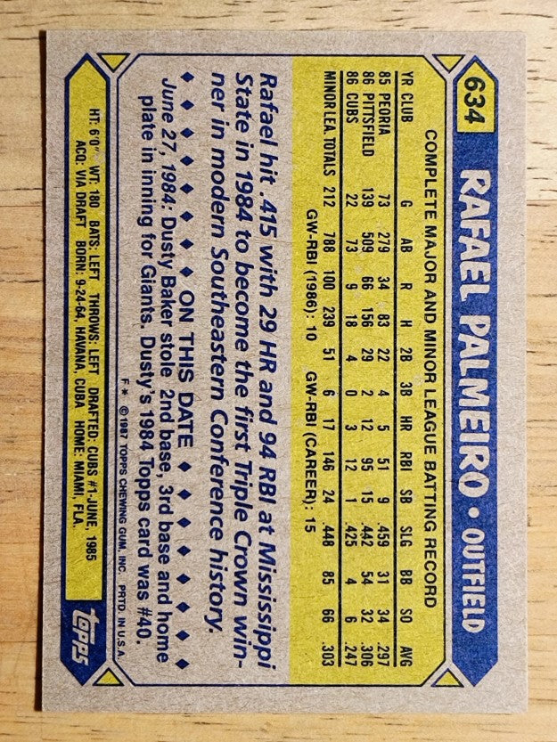 1987 Topps #634 Rafael Palmeiro RC