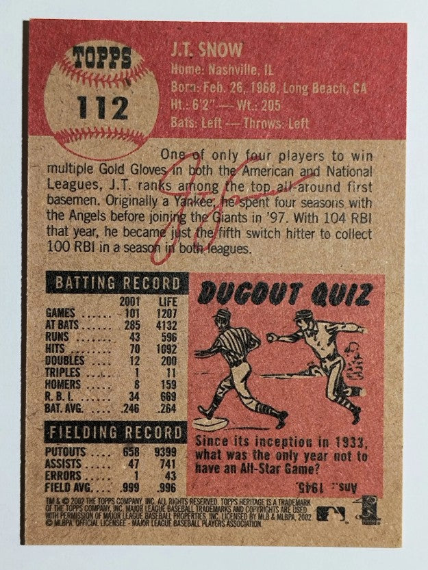 2002 Topps Heritage #112 J.T. Snow