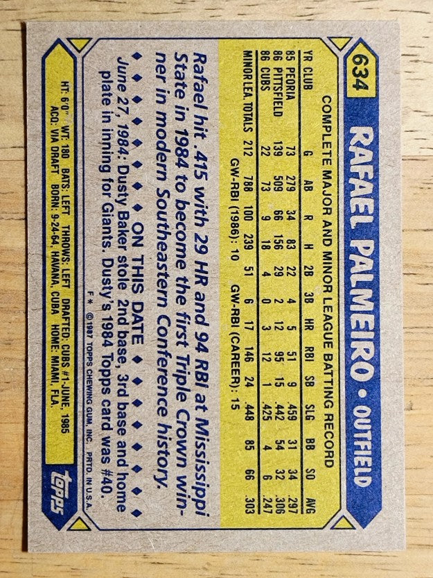 1987 Topps #634 Rafael Palmeiro RC