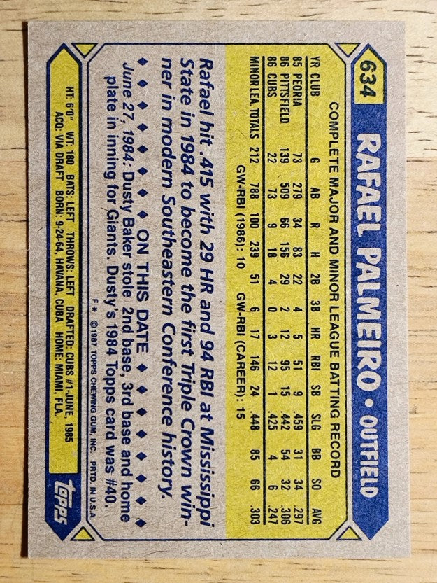 1987 Topps #634 Rafael Palmeiro RC