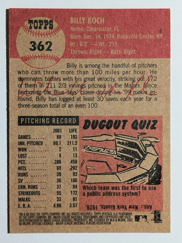 2002 Topps Heritage #362 Billy Koch