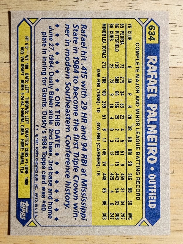 1987 Topps #634 Rafael Palmeiro RC