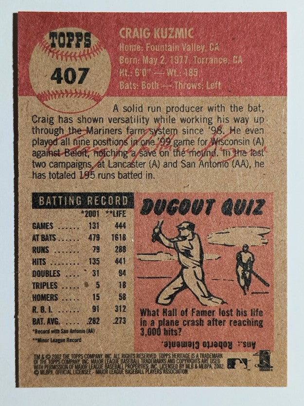 2002 Topps Heritage #407 Craig Kuzmic SP