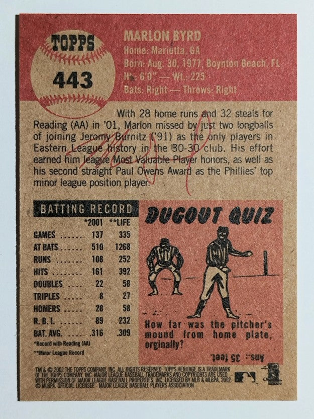 2002 Topps Heritage #443 Marlon Byrd SP