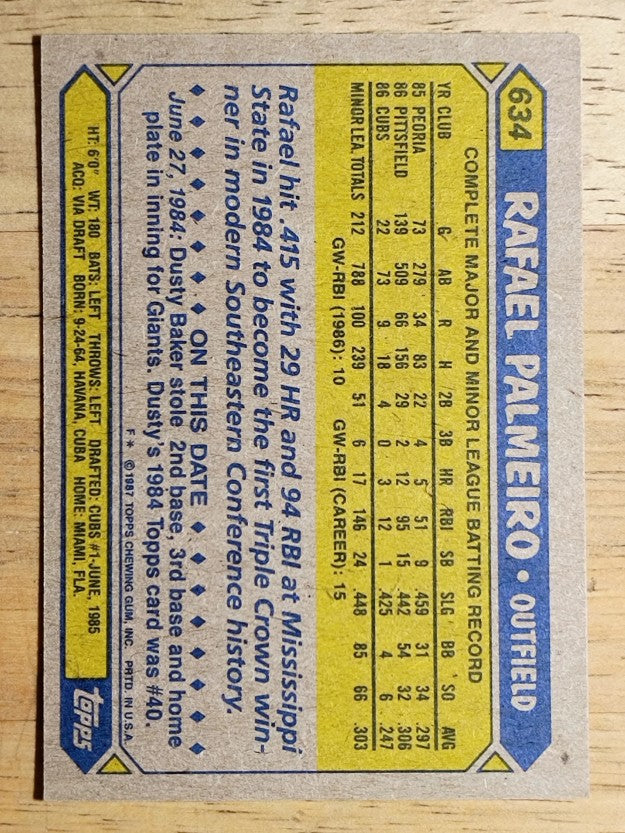 1987 Topps #634 Rafael Palmeiro RC