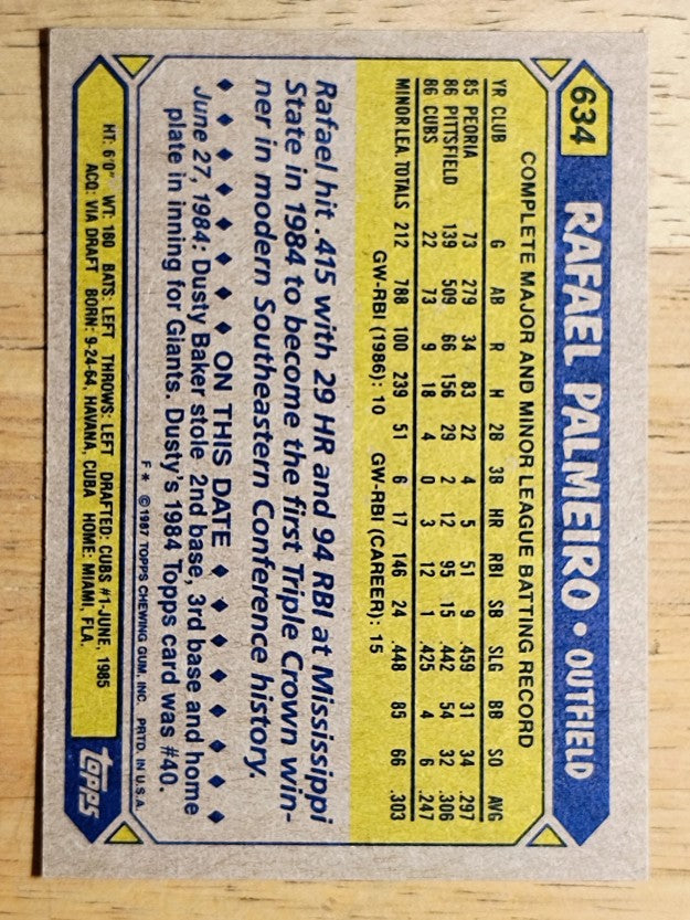 1987 Topps #634 Rafael Palmeiro RC