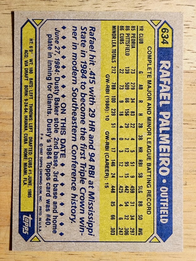 1987 Topps #634 Rafael Palmeiro RC