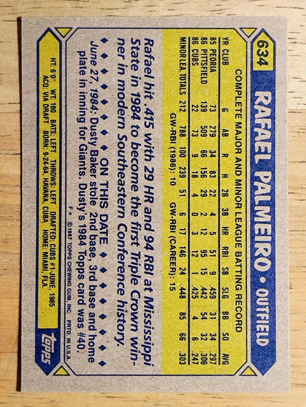 1987 Topps #634 Rafael Palmeiro RC