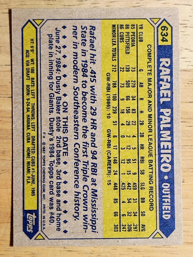 1987 Topps #634 Rafael Palmeiro RC