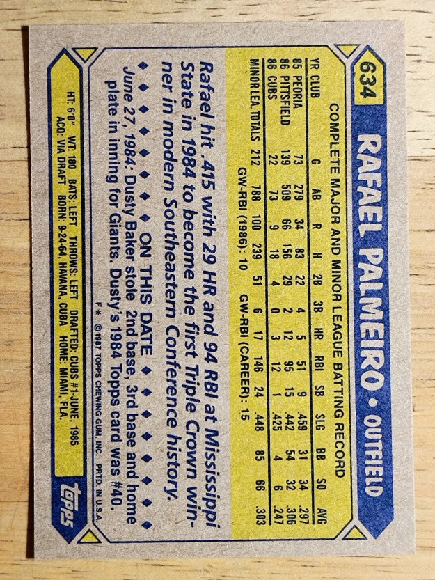 1987 Topps #634 Rafael Palmeiro RC