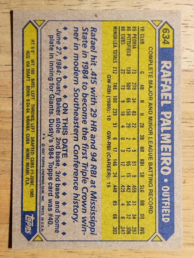 1987 Topps #634 Rafael Palmeiro RC