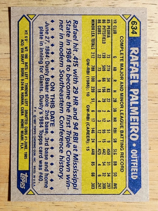1987 Topps #634 Rafael Palmeiro RC